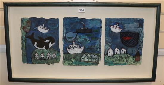 Sara Wicks, mixed media / collage on paper, Coast with beached whale, Contemporary Art Society label verso, overall 25 x 63cm